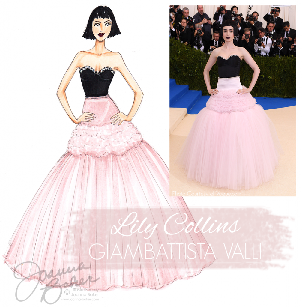 Lily Collins Wearing Giambattista Valli at the Met Gala, Fashion Illustration by Joanna Baker