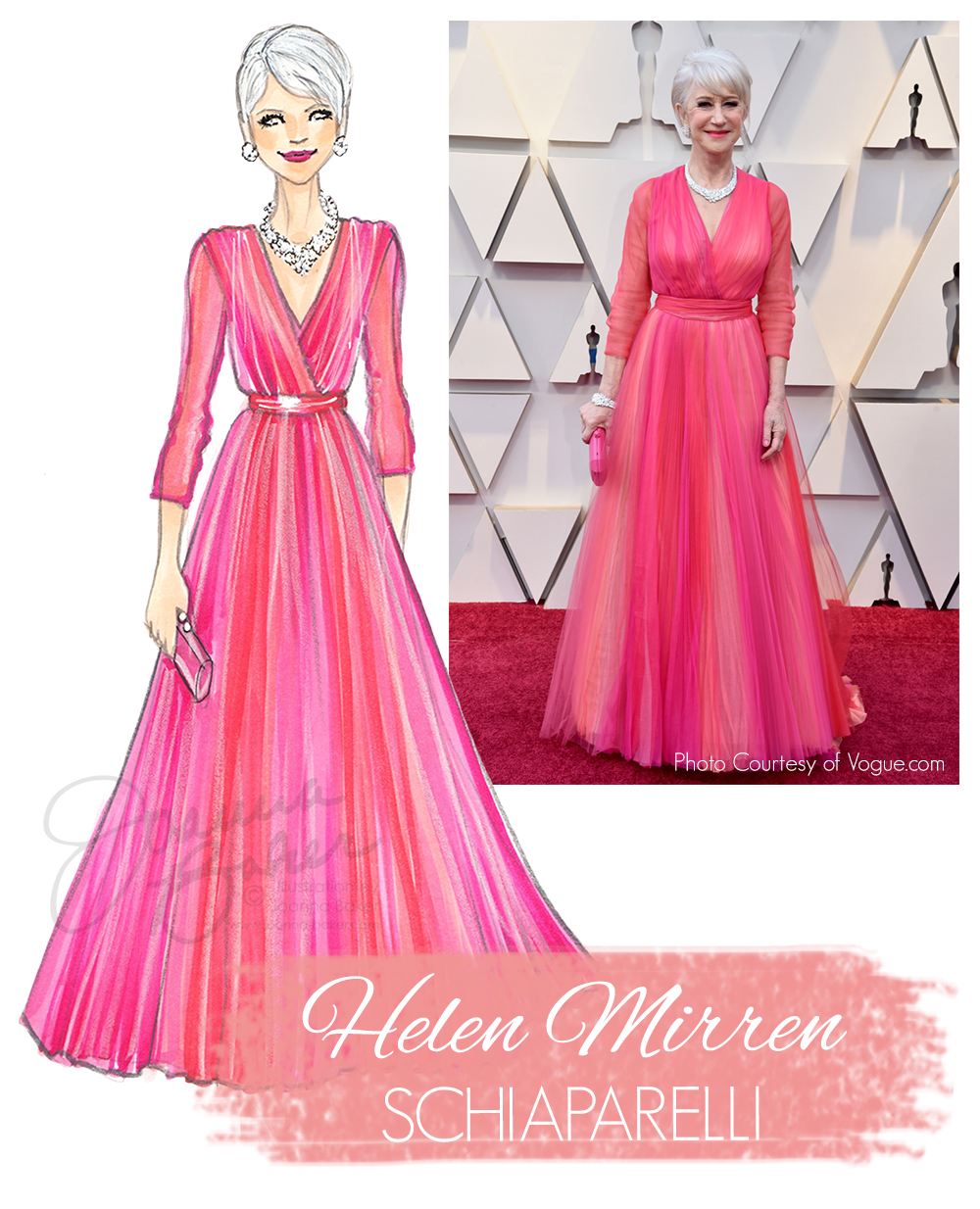 Helen Mirren Oscars 2019 Red Carpet Fashion Illustration by Joanna Baker