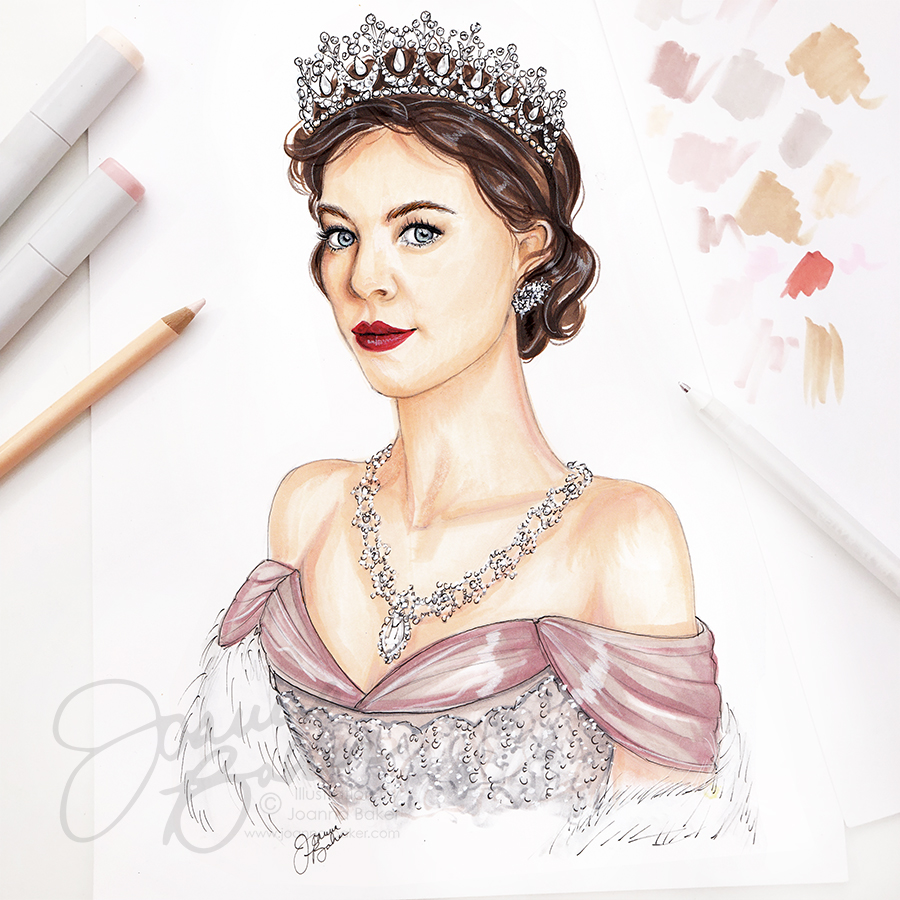 Vanessa Kirby as Princess Margaret in the Crown, Illustrated Portrait by Joanna Baker