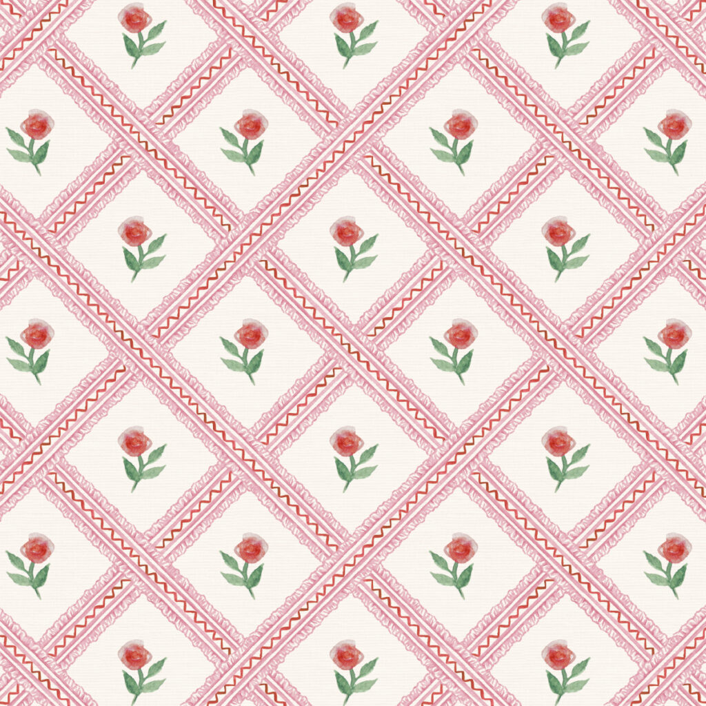 Rose Trellis in Rose Pink + Vermillion on Vanilla - Repeating Pattern by Joanna Baker